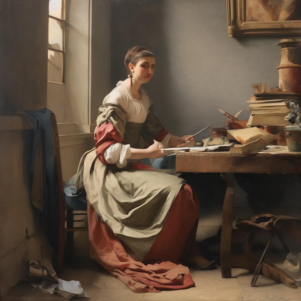 Αποκάλυψη και δημιουργικότητα στην τέχνη και το παιχνίδι με ρεαλιστική απεικόνιση μιας γυναίκας στη δημιουργική εργασία.